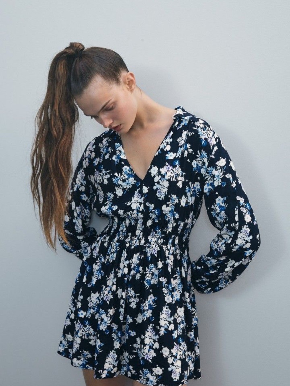 Zara Navy Blue Floral Long-Sleeve Mini Dress
